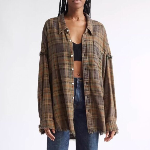 NWT R13 Shredded Seam Drop Neck Shirt Teal Navy Yellow Plaid Brown - Picture 11 of 13